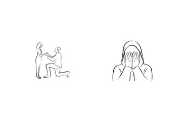 Fototapeta premium Marriage Proposal And Emotional Response Line Art Illustration Set Isolated On White