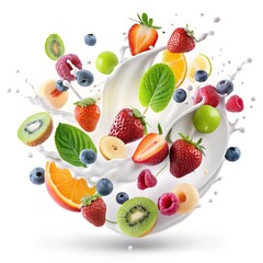 Pieces of fruit and milk flew around. white background, suitable for design elements