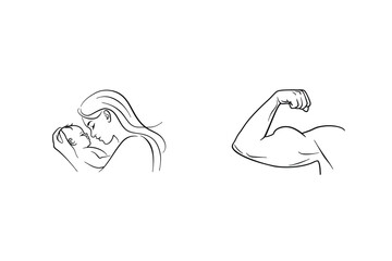 Love And Strength Metaphor Line Art Illustration Of Mother And Baby With Bicep