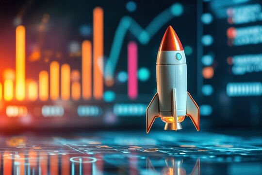 A miniature rocket model takes off against a colorful background with upward trending graphs and vibrant growth indicators on a clean workspace