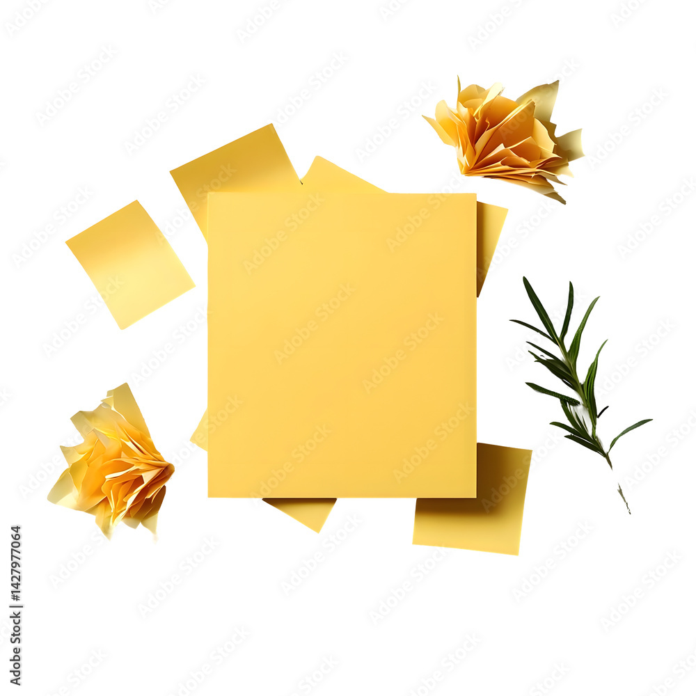 Aufkleber arrangement of yellow sticky notes blank papers and greenery on a concrete surface creating a clean 