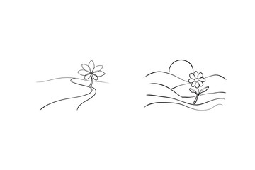 Black And White Line Art Illustration Of Flowers And Landscape Elements