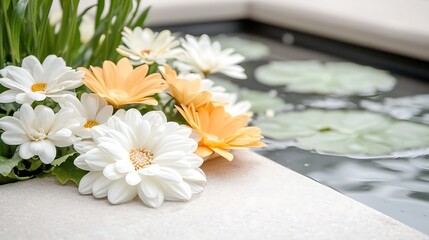 Obraz premium Floral arrangement near water serenity in nature photography tranquil atmosphere close-up view beauty of life