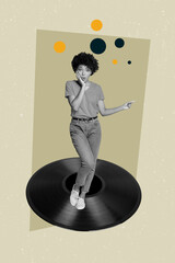 Creative pop collage of person have fun dance vinyl plate on yellow color background