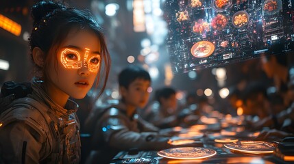 Futuristic family dinner in cyberpunk city with glowing holographic food display and augmented reality interfaces