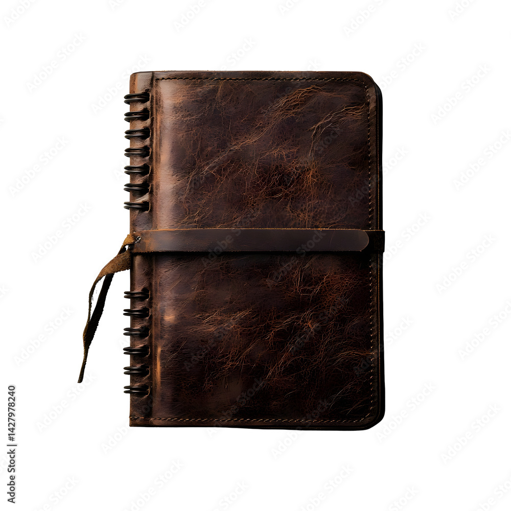 Poster closeup of a weathered old leather notebook or journal with a spiral binding lying open on a plain b