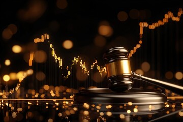 Prestigious gold gavel with financial icons and an ascending upward trending graph symbolizing legal authority financial success and business prosperity.
