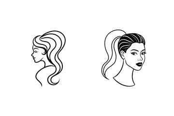 Two Black And White Vector Illustrations Of Woman Face In Different Hairstyles