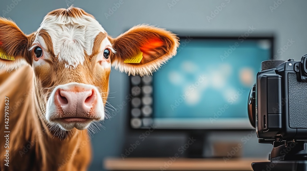 Poster cow is standing in front of a computer monitor. the camera is pointed at the cow, capturing its imag