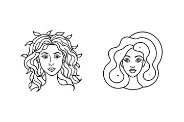 Elegant Woman Face Line Art Collection With Wavy Hairstyles Fashion Portrait