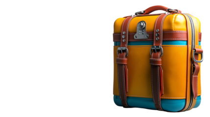 Vintage Leather Suitcase Yellow/Teal Retro Travel Bag, Luxury Vacation Luggage.