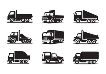 Silhouettes of trucks and lorries for transport and construction, black vehicle icon set