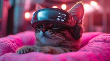 Tabby cat wearing augmented reality visor in pink bed illuminated by futuristic neon lights, creating a digital cyberpunk vibe.
