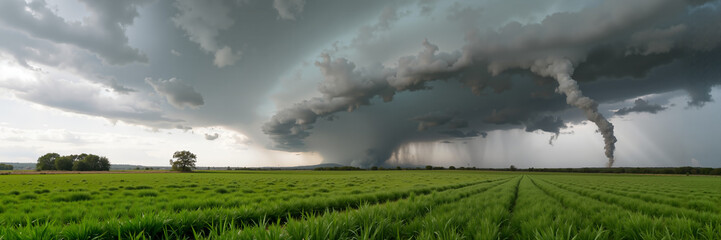 Fototapeta premium Massive tornado storm over green field under dark sky 