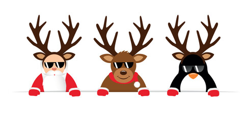 funny christmas cartoon with cute reindeer santa claus and penguin with sunglasses and antler vector illustration