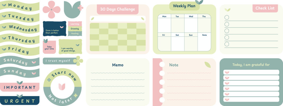 Cute decorative journal element design, planner journaling stationery elements, notepad memopad design in pastel color 