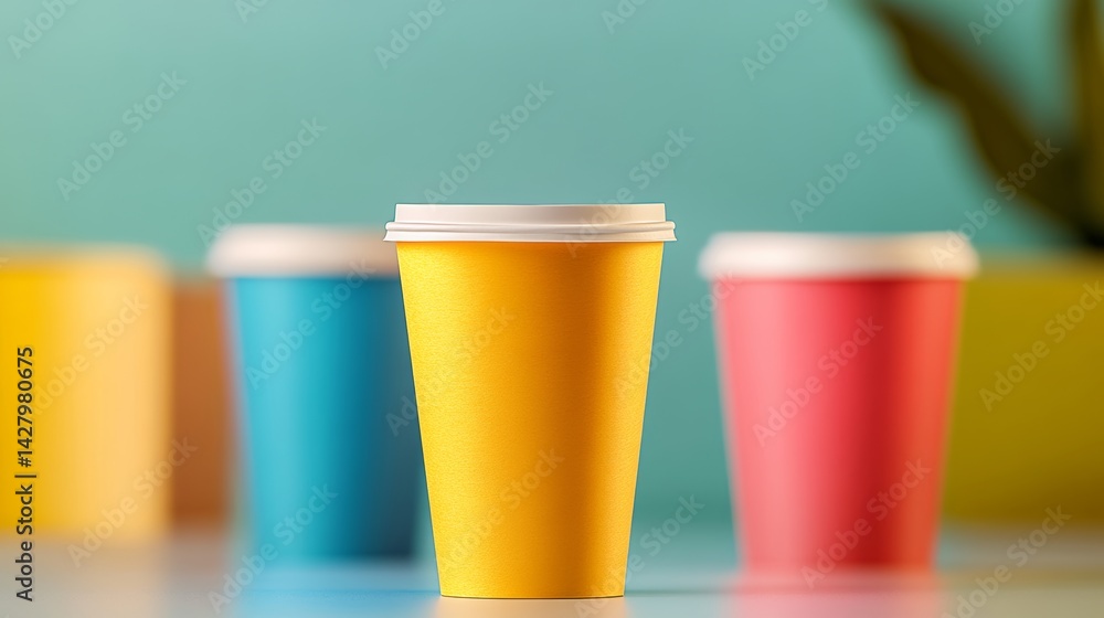 Poster row of colorful paper cups with yellow cups in the middle. the cups are arranged in a row and are pl