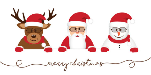 cute reindeer santa and snowman cartoon with glasses white banner vector illustration
