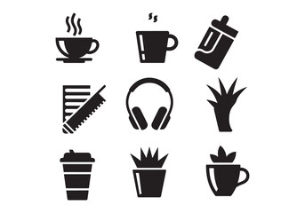 Black Silhouettes of Coffee and Office Items - French Press, Plants, Notebooks, Headphones
