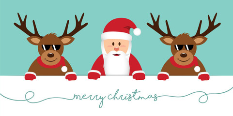 smiling happy santa claus and cool deer with sunglasses christmas cartoon vector illustration
