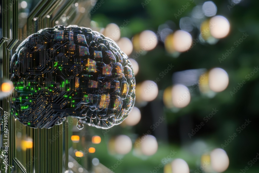 Aufkleber cybernetic brain representation with glowing lights in a modern setting