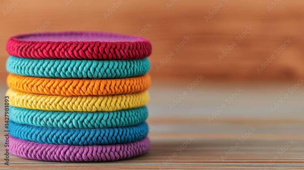 Poster stack of colorful coasters on a wooden table. the coasters are arranged in a rainbow pattern, with e