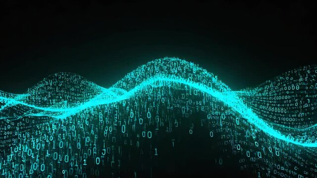Binary code flowing in a wave pattern. Digital data stream visualization. Cyberspace background animation.