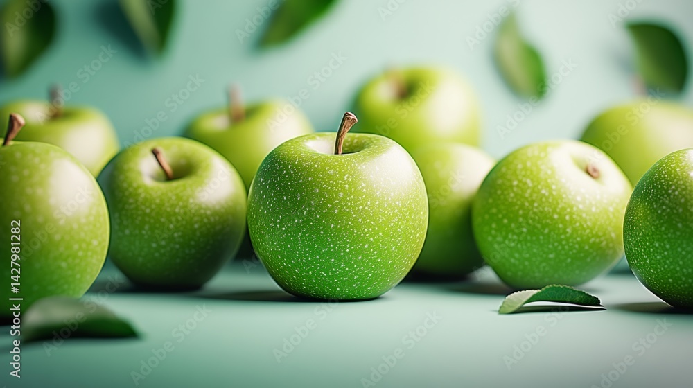 Poster bunch of green apples are displayed on a table. the apples are all different sizes and are arranged 