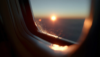 Sunrise light casting glow through a plane’s window.  Generative AI.

