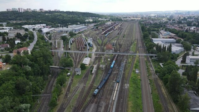 Railway marshalling yard in Brno, Czech Republic, Europe. Drone video, railway tracks, railway station, railway cars.