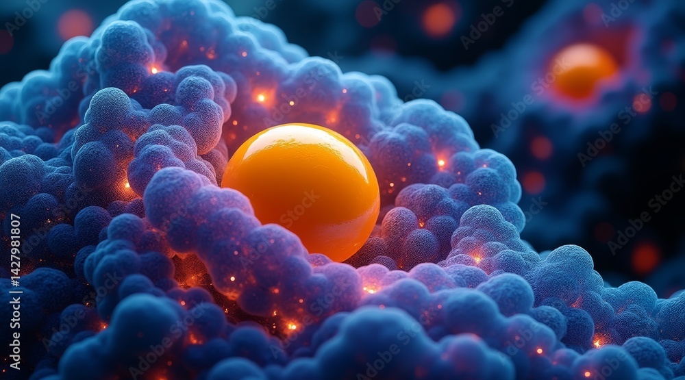Poster ivf and egg concept, vibrant abstract representation of molecular structures with colorful elements.