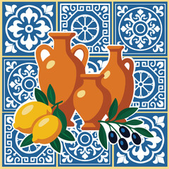 Illustration of traditional Mediterranean clay vases with lemons and olives on a background of decorative blue and white tiles. Bright warm palette, perfect for kitchen decor or packaging.