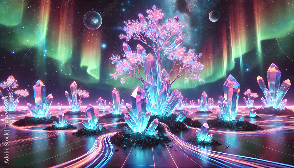 Poster a surreal forest of glowing crystal trees set beneath a colorful aurora and galaxy sky, evoking an e