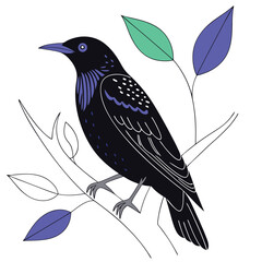 Starling Bird Illustration Shimmering Feathers and Flock Formation Art