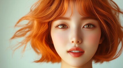Fototapeta premium Woman with red hair and a short haircut is smiling. She has a pink lip color. The image has a bright and cheerful mood
