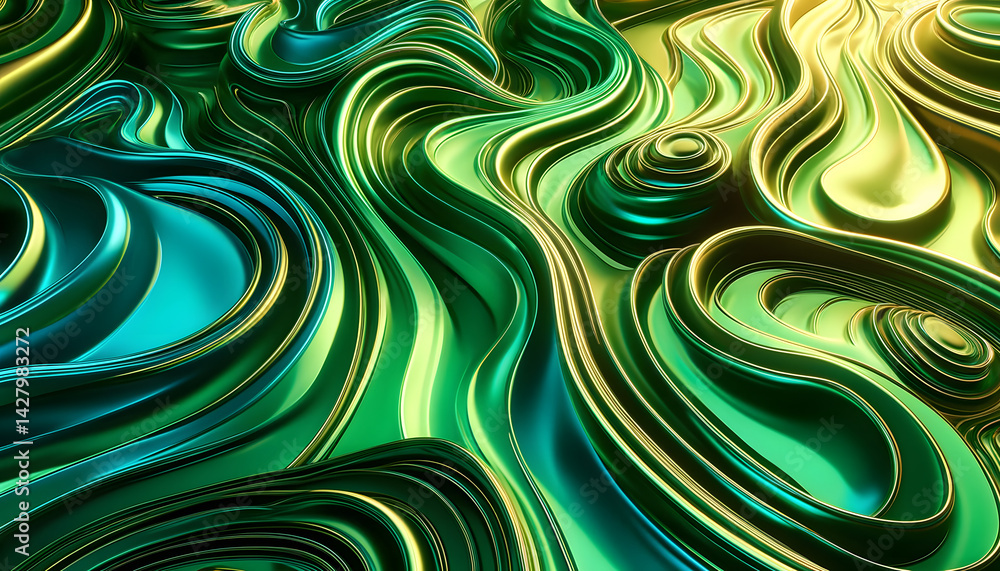 Poster close-up digital artwork of smooth metallic textures flowing in shades of green and gold, creating a