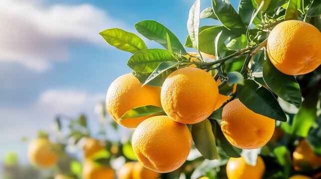 Bunch of oranges hanging from a tree. The oranges are ripe and ready to be picked. The tree is full of leaves and branches, and the sky is clear and blue