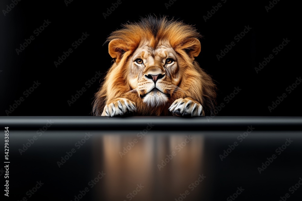 Poster lion is staring at the camera with its mouth wide open, as if it is trying to communicate with the v