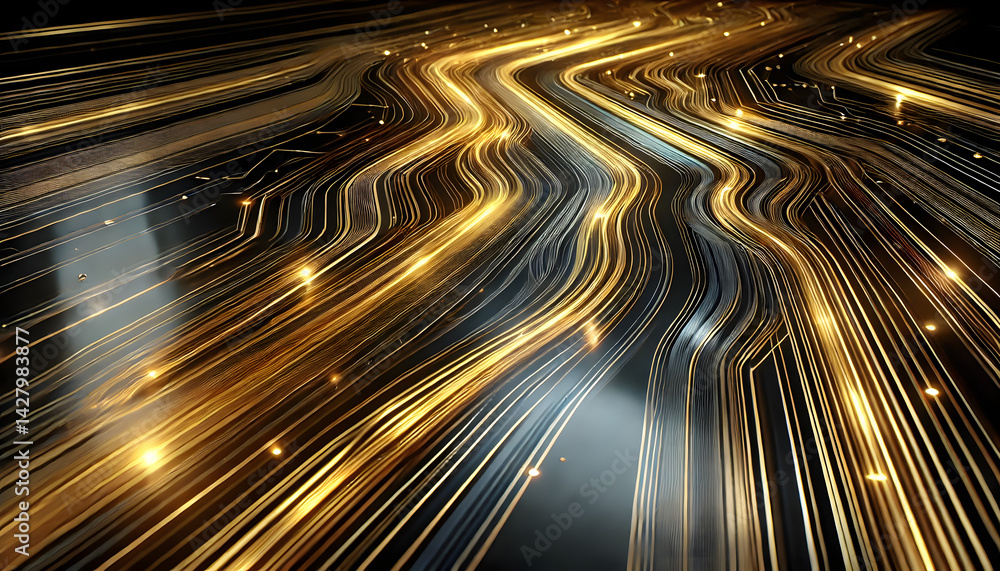Poster stylized flowing golden lines simulate fiber optics or energy streams in a dark high-tech environmen