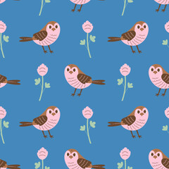 Sparrow Bird Flower Seamless Pattern. Hand drawn Sparrowhawk Clover Background. Colorful Childish Nature Animal fabric print. Repeat vector illustration