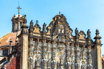 Old historical buildings house church cathedral construction in Mexico City.