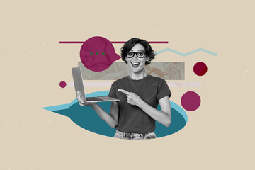 Creative full artwork collage of happy girl stand bubble communication icon chatterbox conversation...