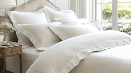 Obraz premium Neutral-toned bedroom setup with linen bedding and wooden side table