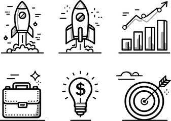 Set of 6 Business Icons – Rocket Launch, Growth Chart, Briefcase, Target