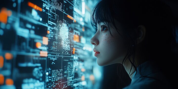 Computer programmer analyzing code on futuristic transparent display in a dark room