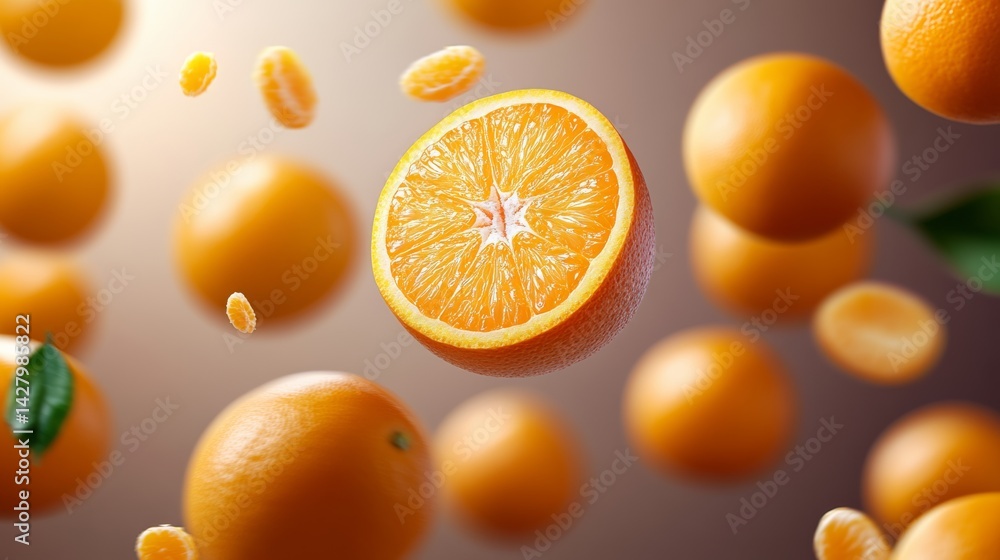 Poster close up of oranges with one orange sliced open. the oranges are flying through the air. scene is pl