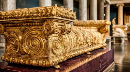 Close-Up of an Ancient Golden Artifact Resting on Velvet Cushion, Illuminated by Soft Museum Lighting, Blurred Marble Columns in Background, Elegant and Timeless Atmosphere for Culture, History, and A