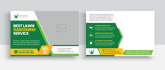 Lawn Mower Garden or Landscaping Service Postcard Template. Eddm Postcard Design, Event Card Design, Direct Mail Template, Invitation Design. leaflet, grass, equipment, gardener