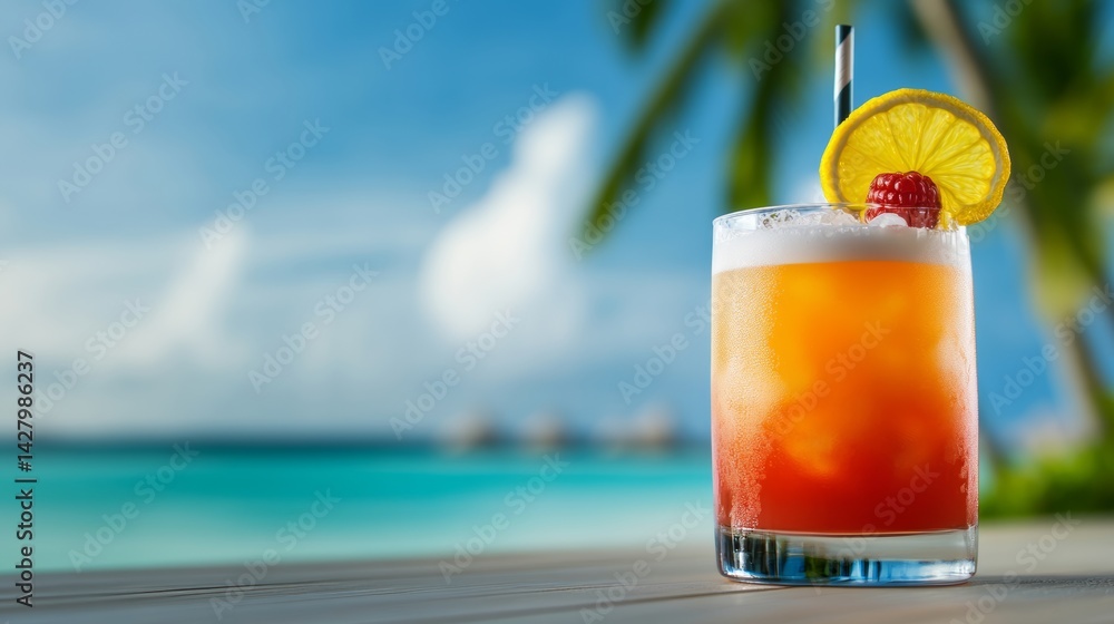 Poster glass of a colorful drink with a straw in it is sitting on a table by the ocean