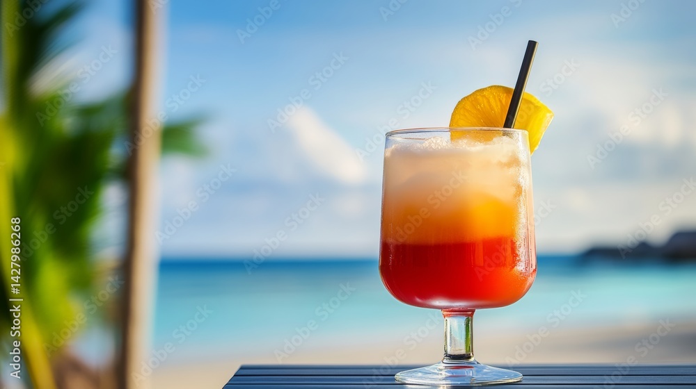 Poster glass of mixed drink with a straw in it is sitting on a table by the ocean. the drink is a combinati